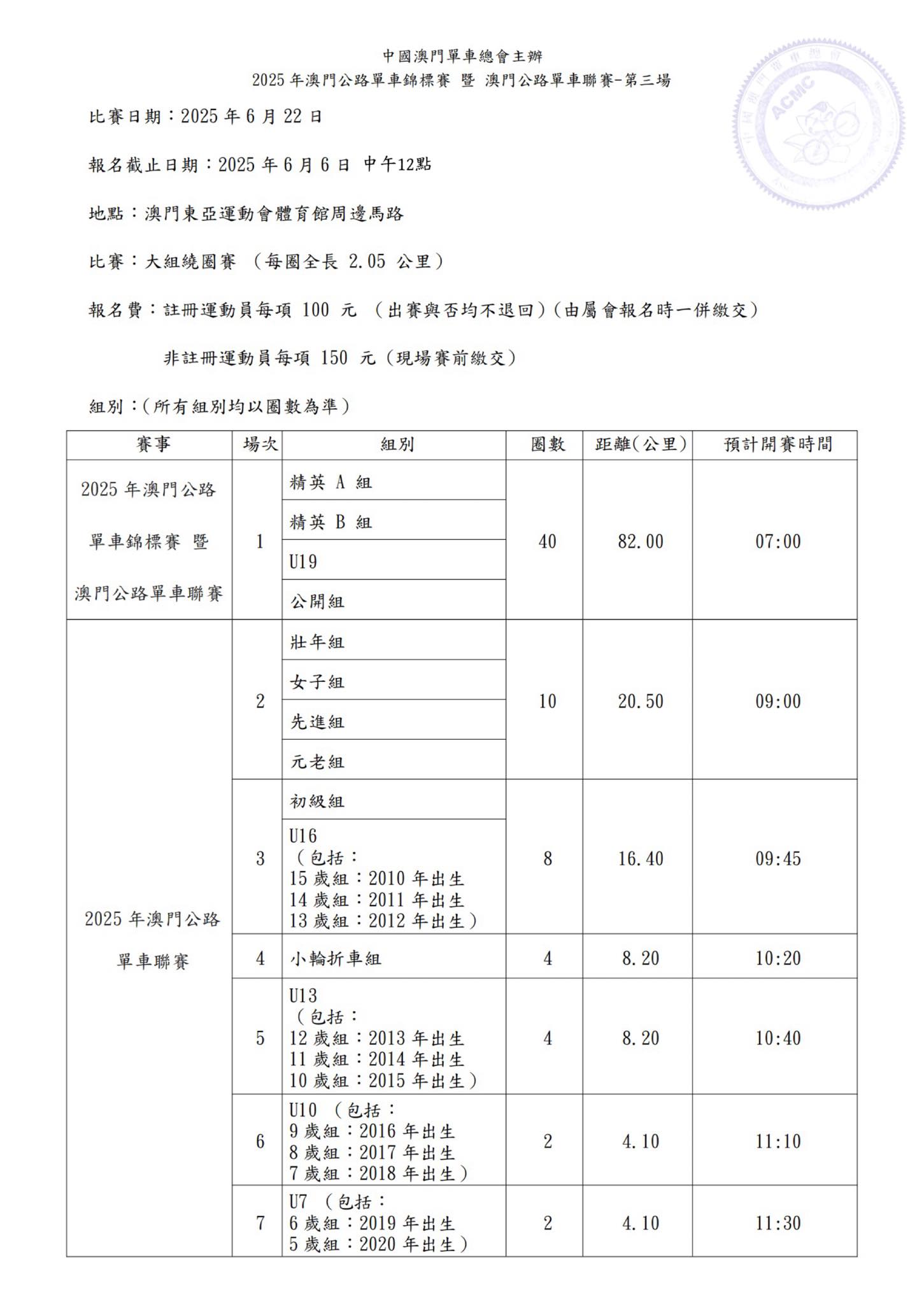 接受報名-2025澳門公路單車錦標賽 暨 2025年澳門公路單車聯賽-第三場(图1)